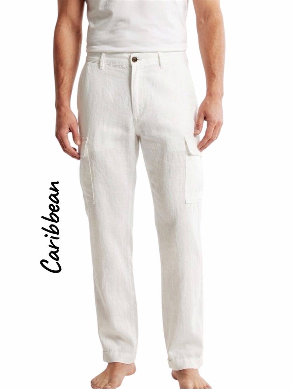 Caribbean Mens Linen Cargo Pants 32x32
White 100% Linen Beach Resort Summer